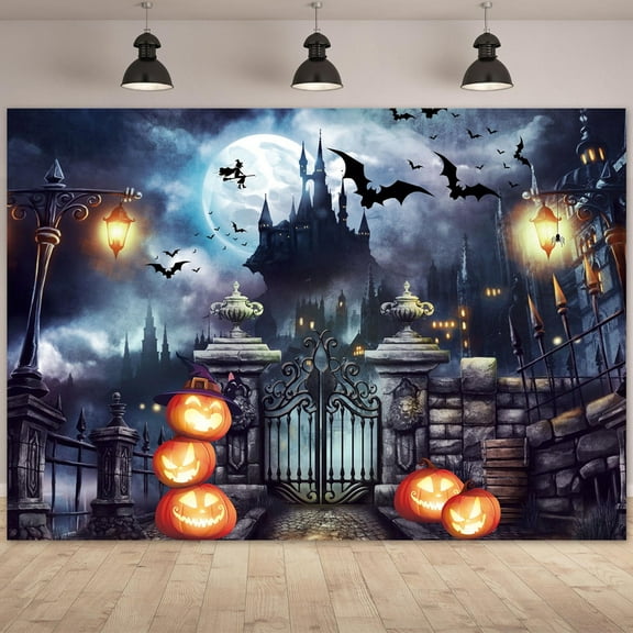 Felortte 10x8ft Polyester Halloween Purple Castle Backdrop Pumpkin Photography Background for Trick or Treat Party Decoration Photo Studio Prop