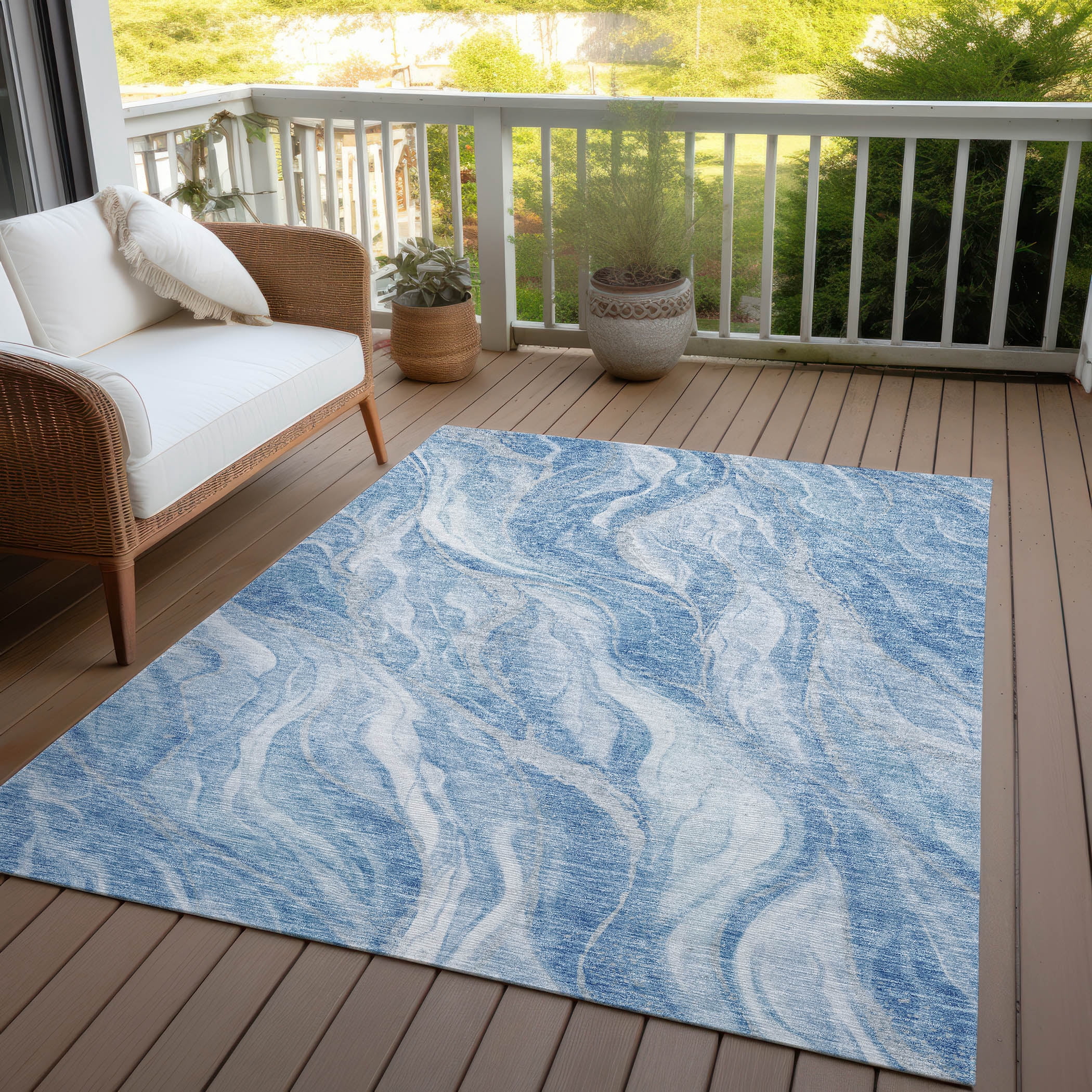 Addison Rugs Chantille Indoor/Outdoor Transitional Waves Blue Washable Rectangle Rug, 3' x 5'