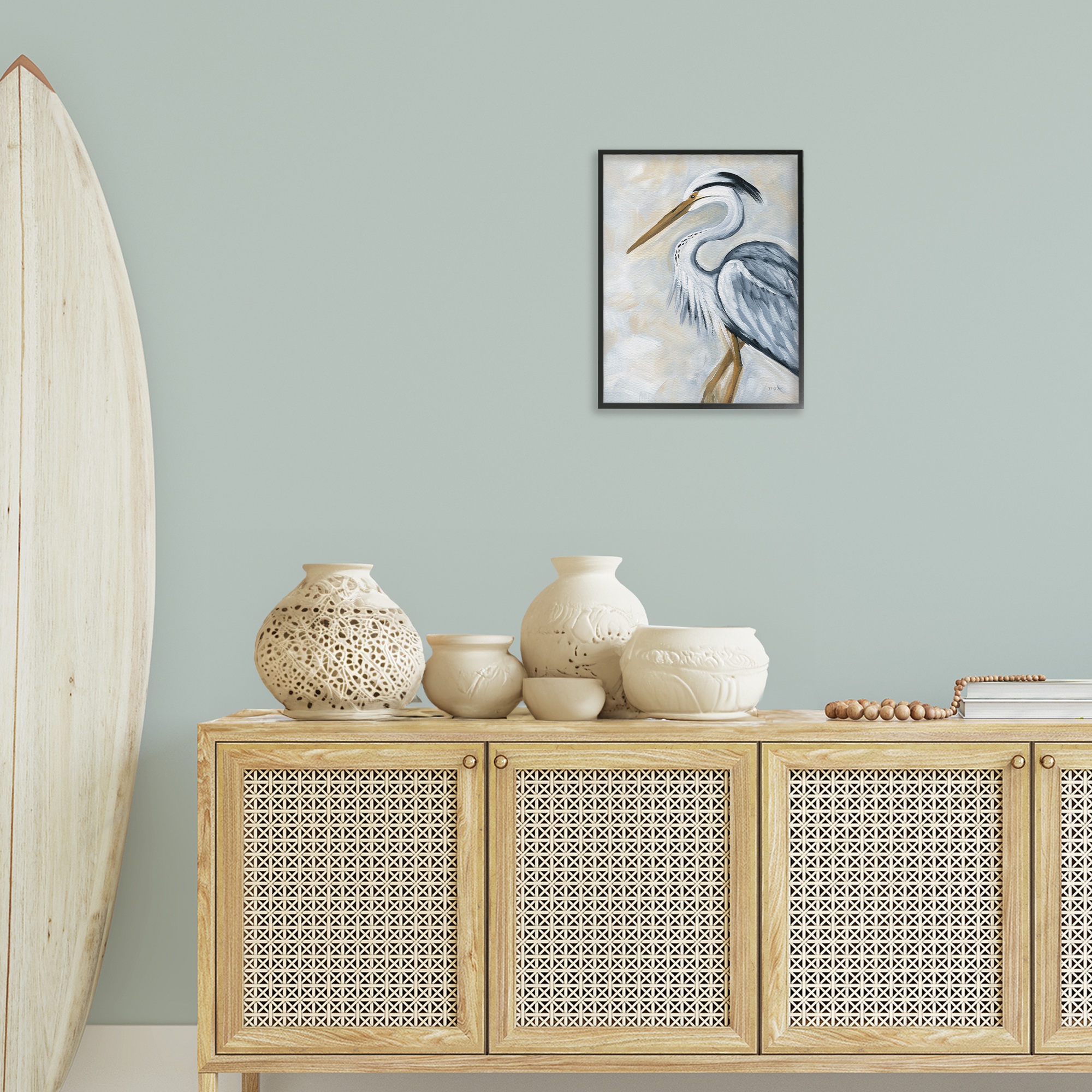 Stupell Industries Muted Blue Heron Animals & Insects Painting Black Framed Art Print Wall Art, 16 x 20