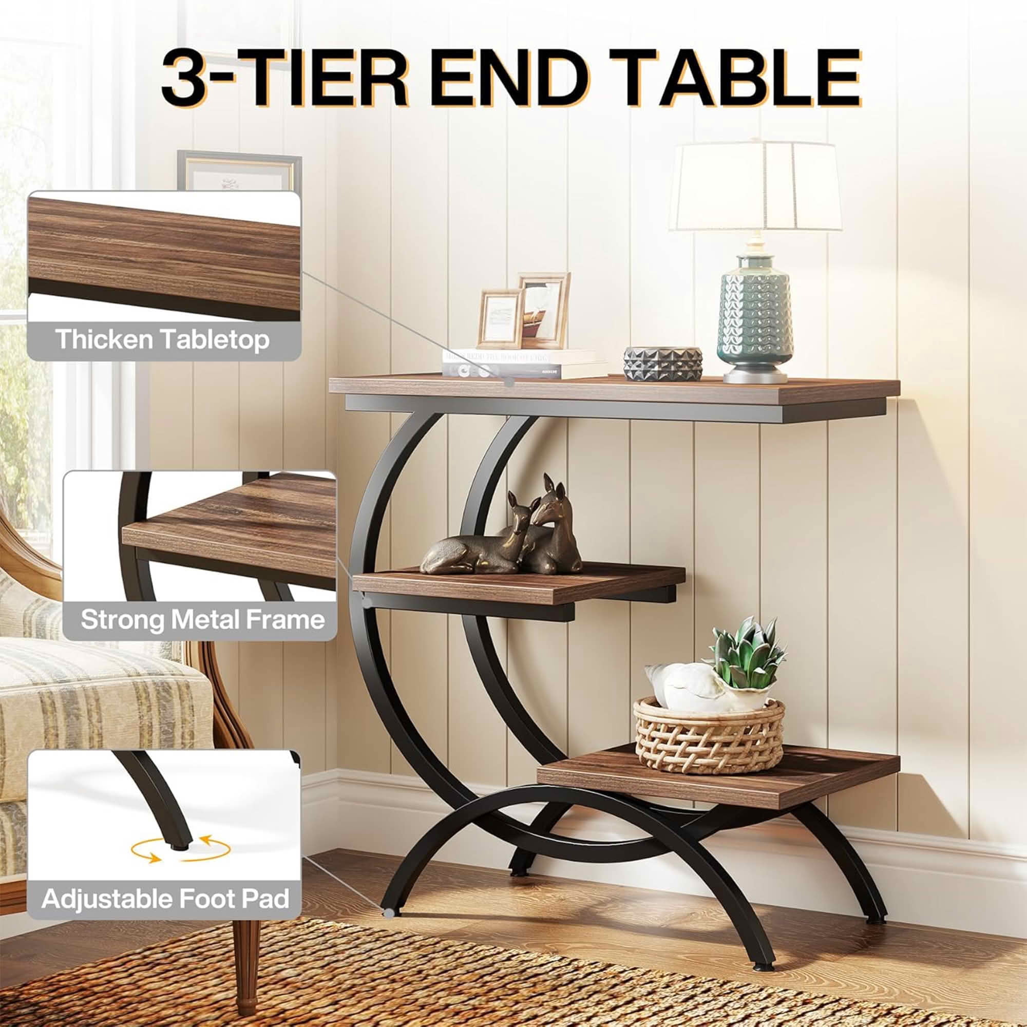 MAYEERTY C-Shaped 3-Tier Industrial End Table, Rustic Brown Particle Board Black Metal Frame Adjustable Feet Small Space Side Table