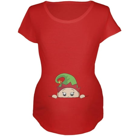 

Christmas Peeking Baby Elf Red Maternity Soft T-Shirt - X-Large