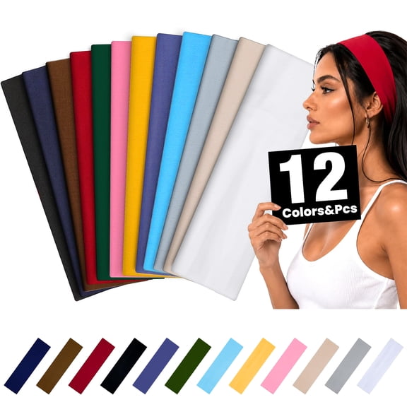 Square Headbands for Women 12 Pack, Multicolor Elastic Non Slip Hair Bands, Summer Headbands for Girls, Stretchy Hair Accessories