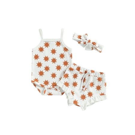 

Baby Girl Summer Set Sun Rainbow Print Waffle Sleeveless Jumpsuit Casual Ruffle Shorts Headband 3PCS Set