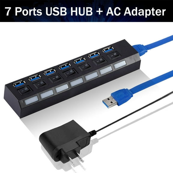 USB Hub, 7 Port USB Hub 3.0 with Individual LED On/Off Switches USB Splitter for Laptop & PC