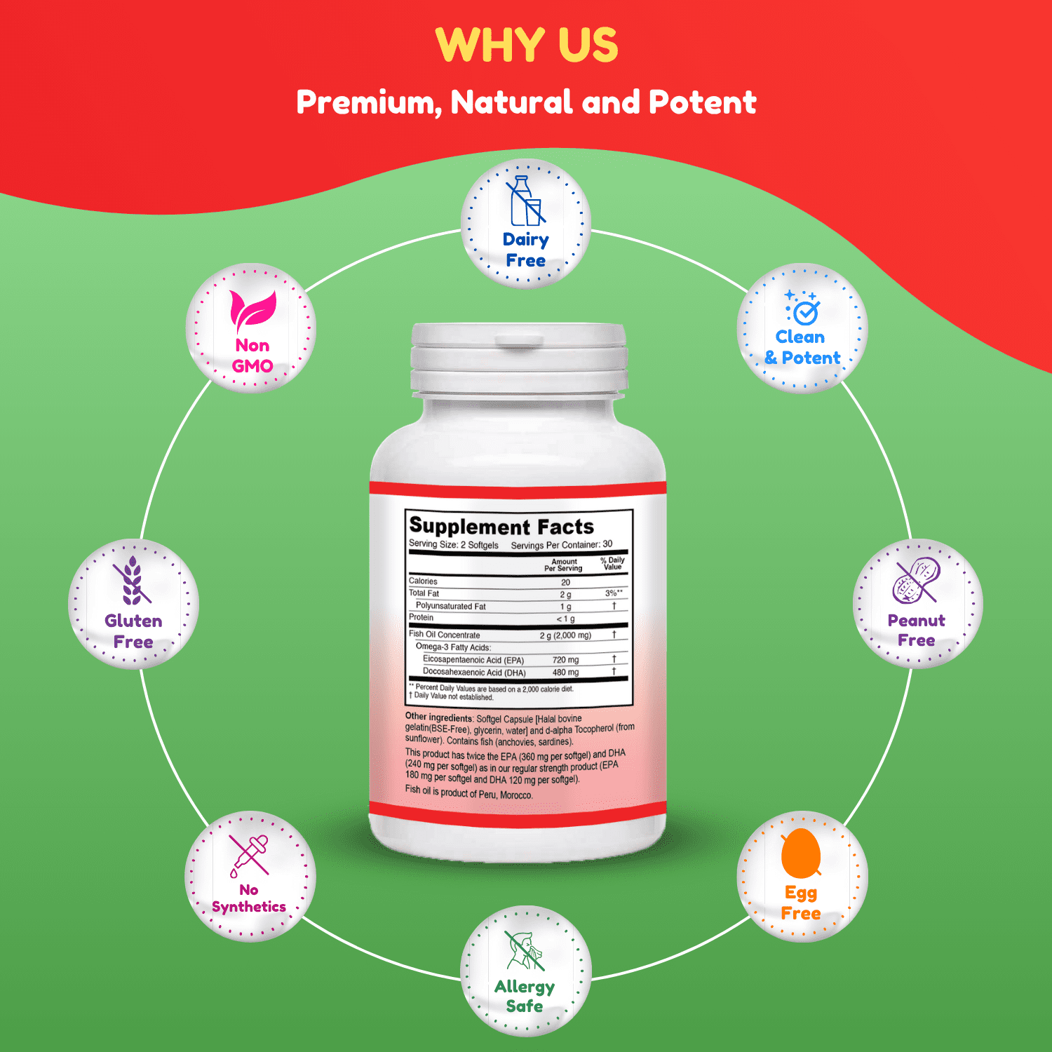 Halal Fish Oil Softgels 60 Ct, Double Strength - Halal Omega 3 Fish Oil Supplements. Wild Caught