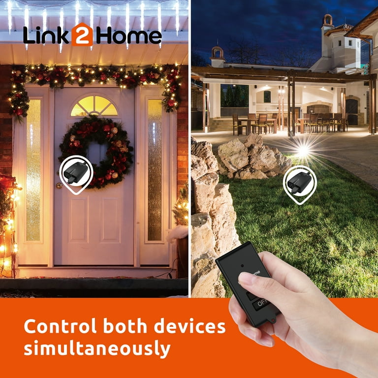 Link2Home Outdoor Weatherproof Wireless Remote Control Double Outlets, 100  ft range, Pre-programmed. Switch ON/OFF Holiday Decorations, Christmas  Lights and Sprinkler Systems. 