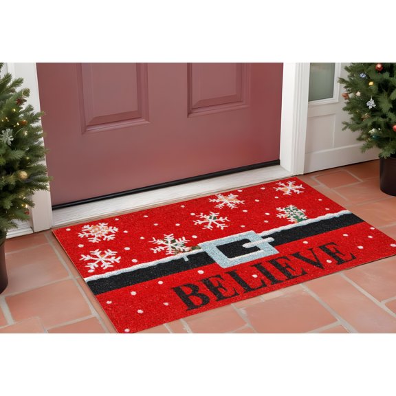 17" X 29" Red Black and White Coir Snowflake Believe Outdoor Christmas Door Mat