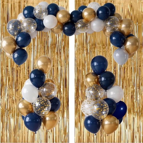 60Pcs 12 Inch Metallic Gold White Night Blue Balloons and 2 Pack Light Gold Streamer 3.2 x 6.56 FT for Birthday Wedding Baby Bridal Shower Party Decorations