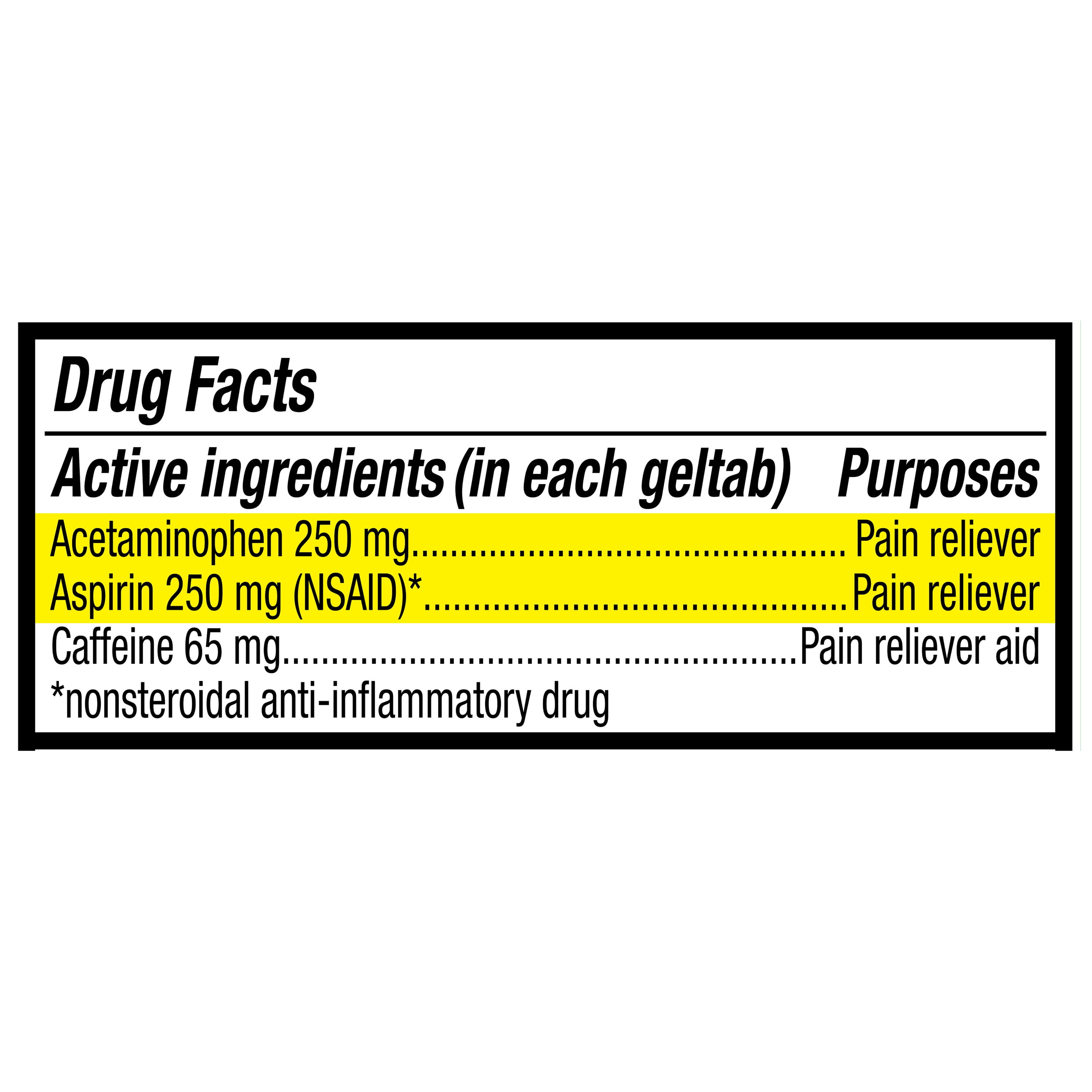 Equate Extra Strength Headache Relief Acetaminophen, Aspirin, and Caffeine Geltabs, 80 Count, Compare to Excedrin® Extra Strength Active Ingredients