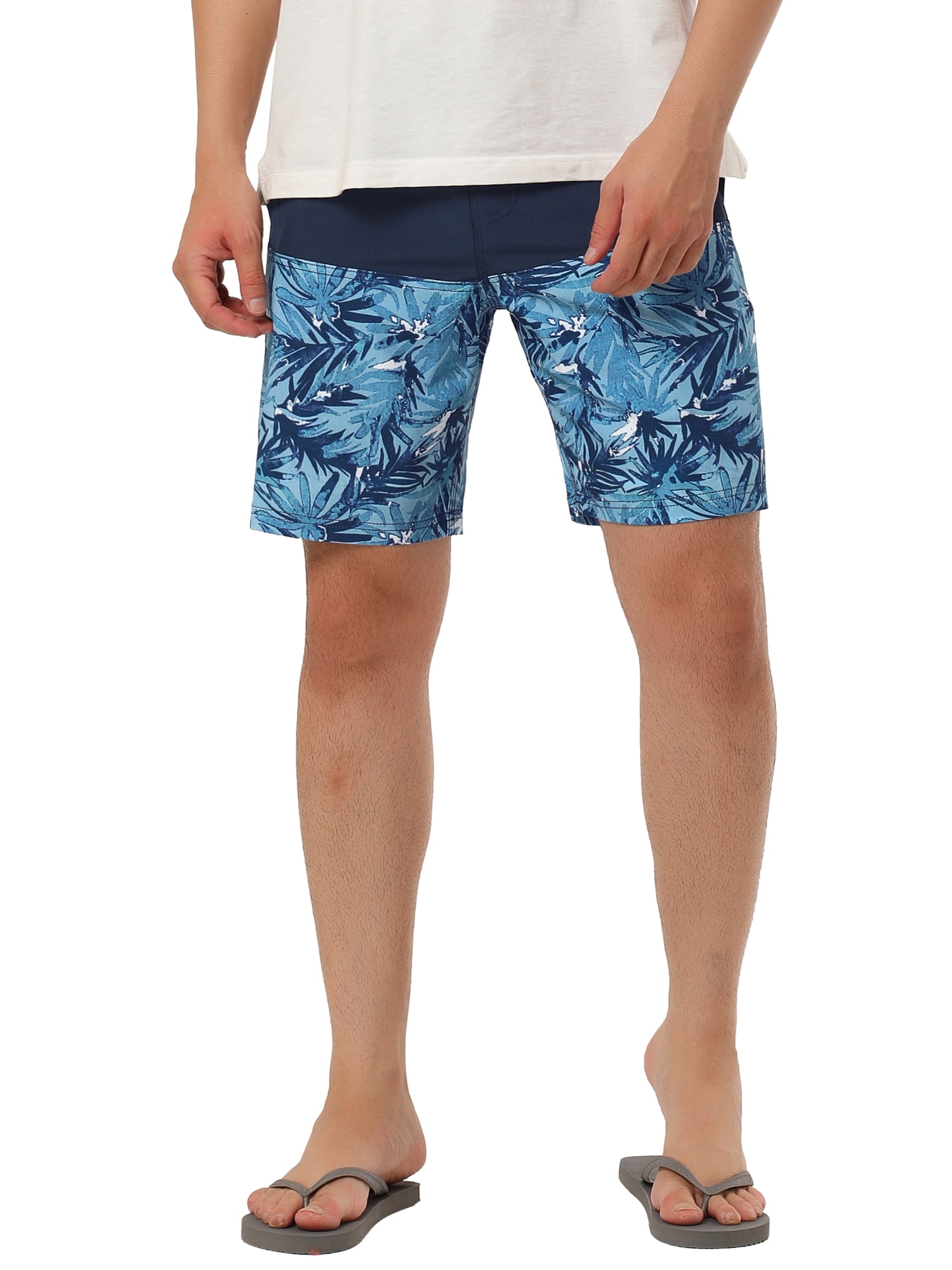 Unique Bargains Men's Summer Swim Color Block Drawstring Beach Board Shorts 32 Navy Leaf