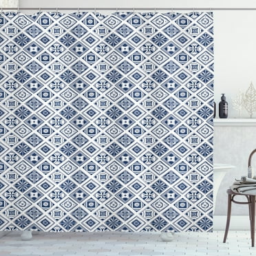 Ambesonne Folk Shower Curtain, Spanish Traditional Ornaments, 69"Wx70"L, Cobalt Blue and White