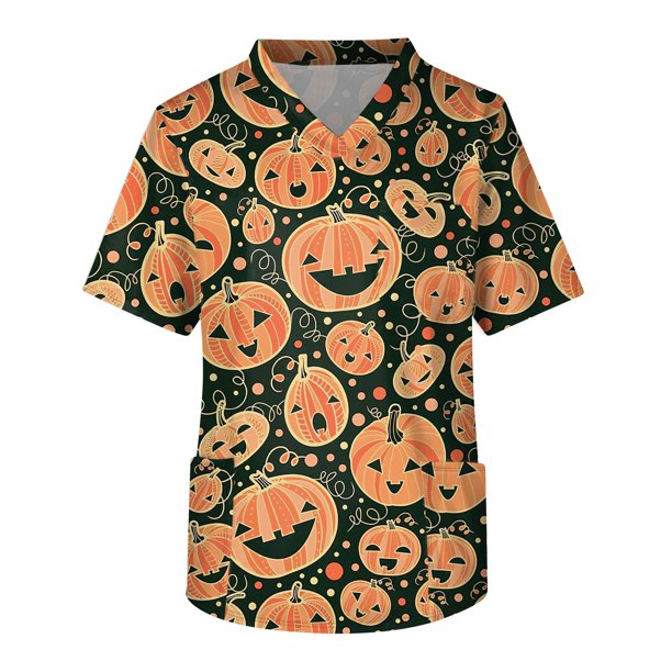 Men's Short Sleeve V-Neck Halloween Print Chest Pocket Care TopS