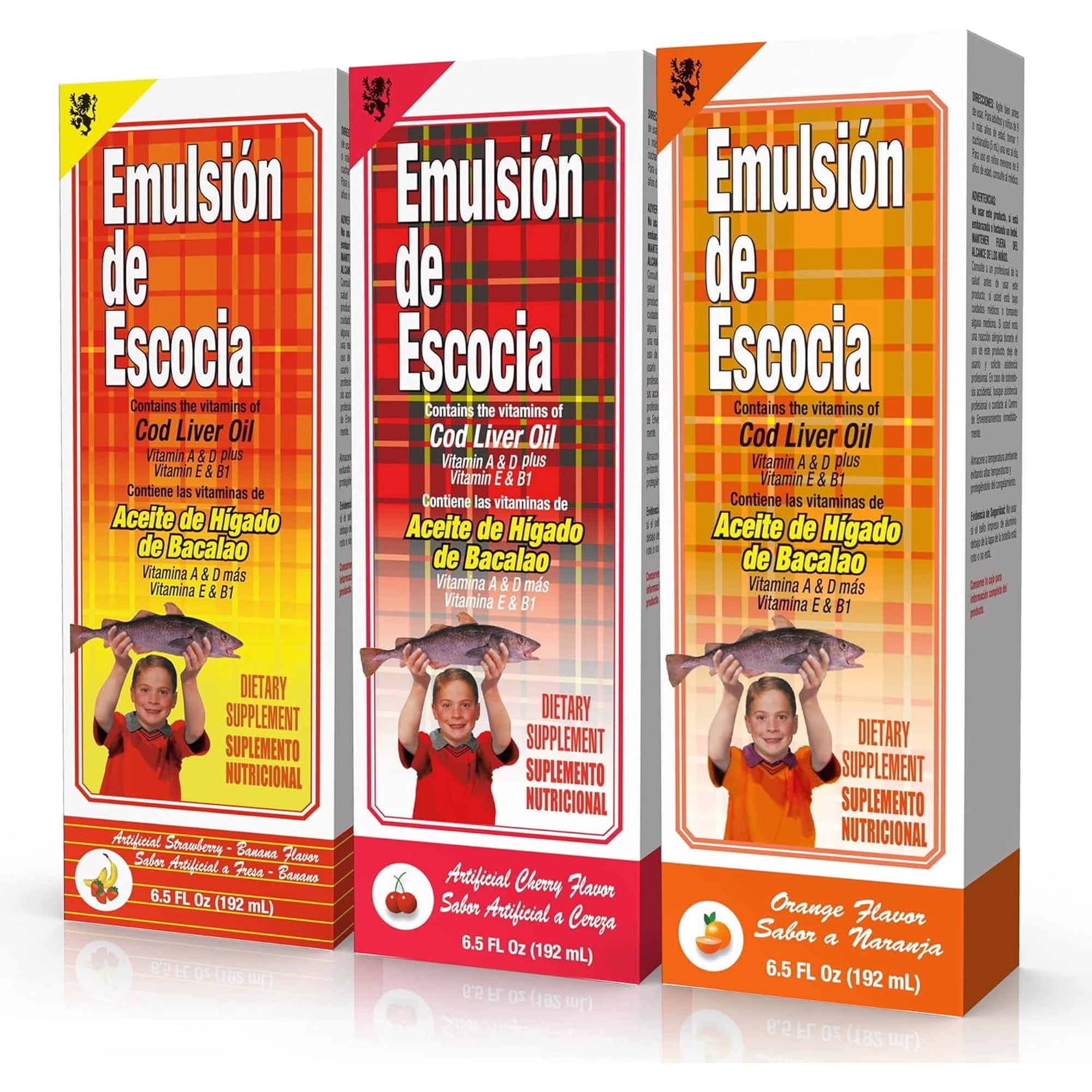 Emulsion De Escocia Cod Liver Oil Liquid for Kids – Cherry, Orange & Strawberry Banana – Omega 3, Vitamins A, D, E & B1 – Dietary Supplement – 6.5 Fl Oz | 3-Pack