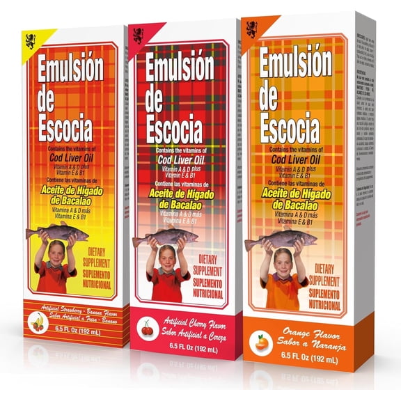 Emulsion De Escocia Cod Liver Oil Liquid for Kids – Cherry, Orange & Strawberry Banana – Omega 3, Vitamins A, D, E & B1 – Dietary Supplement – 6.5 Fl Oz | 3-Pack