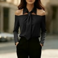 thumbnail image 4 of DAFPZW Women's Off the Shoulder Shirt with Tie Long Sleeve Button Down Blouse Elegant Office Solid Color Casual Basic Tops, 4 of 9