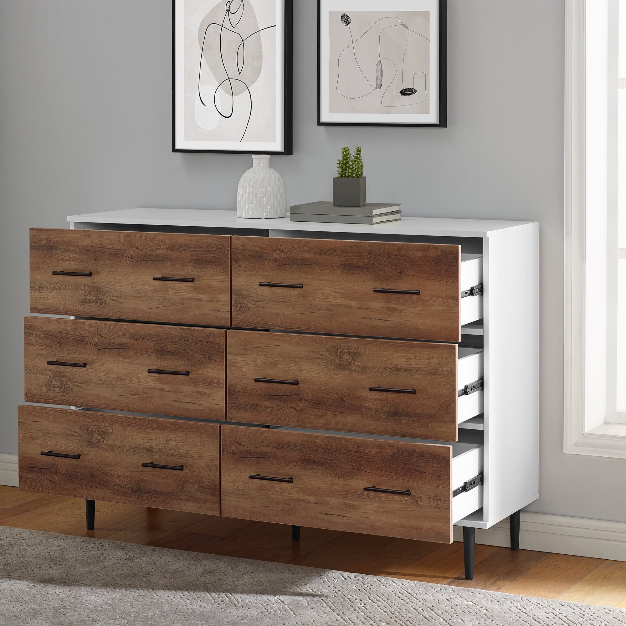 Savanna Modern Wood 6 Drawer Dresser - White/Rustic Oak