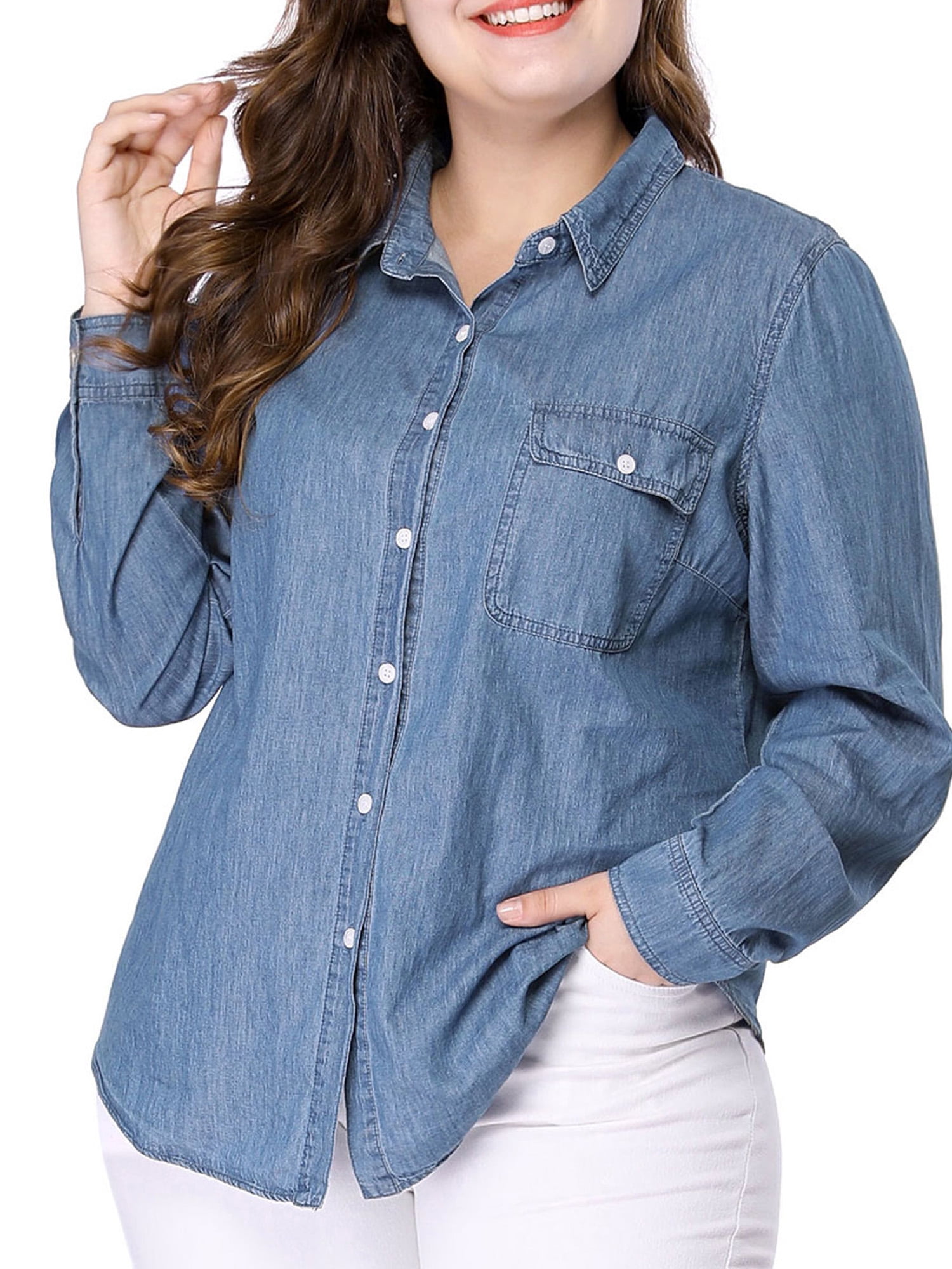 Unique Bargains - Women's Plus Size Chest Pocket Denim Chambray Shirt ...
