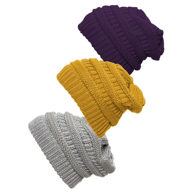 Bonnet Tricoté pour Femmes Lot de 3 - Violet/argent Métallique/moutarde