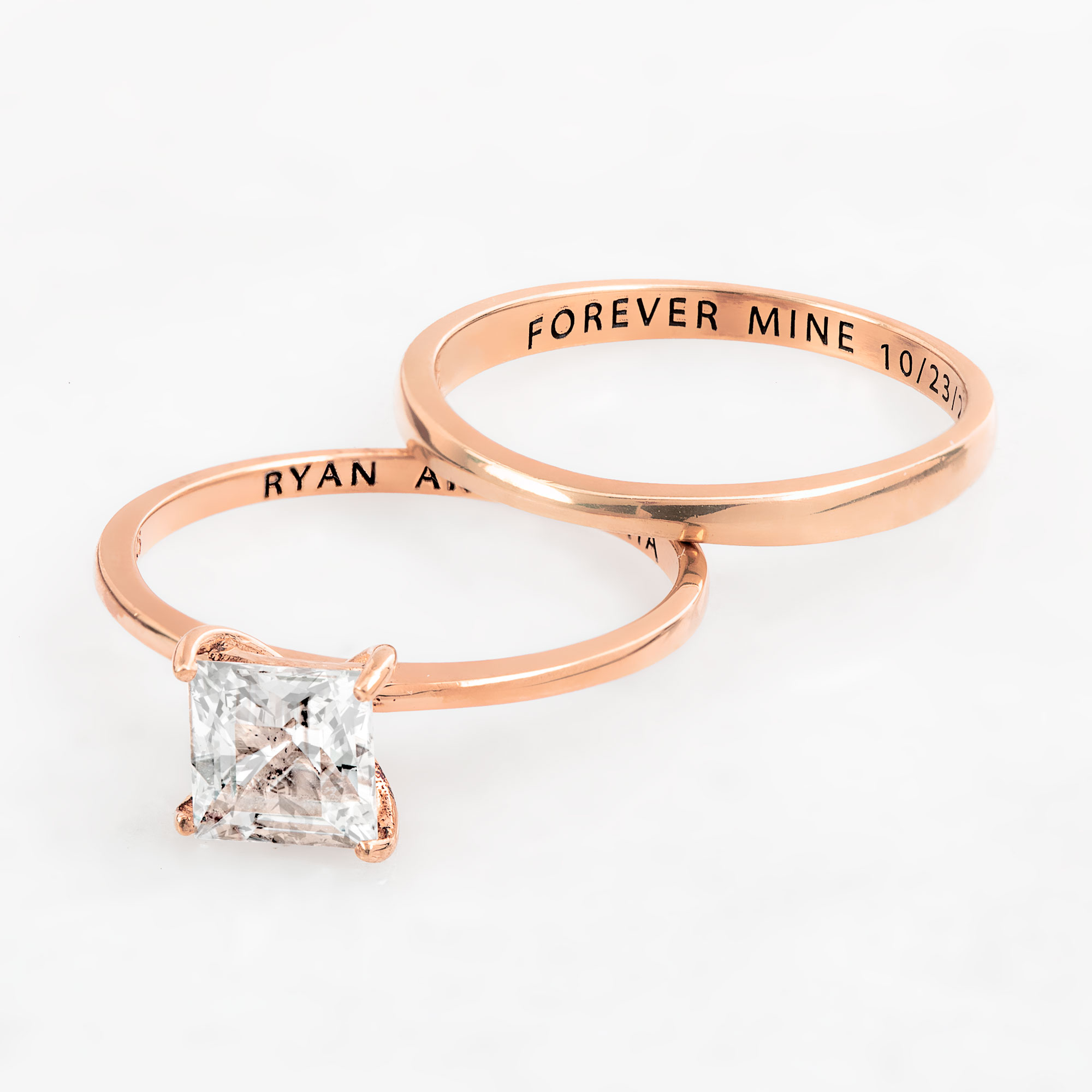 Vow & Forever Personalized Planet Bridal 14K Rose Gold over Sterling Silver Square White Topaz 2-Piece Engraved Wedding Ring Set ,Women's