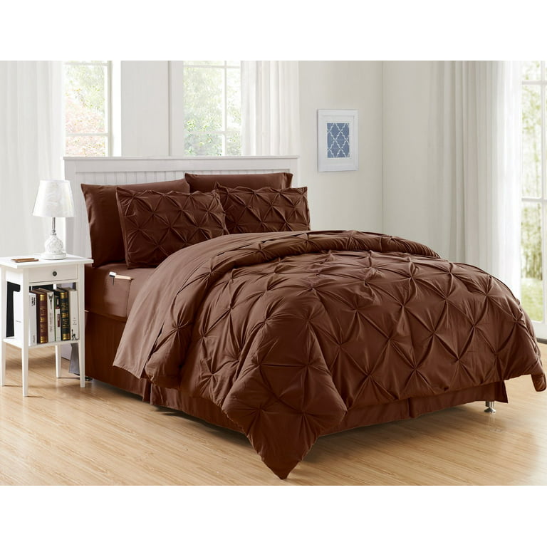 Silky Soft Pintuck Bed in a Bag 8 Piece Comforter Set FullQueen, Chocolate  