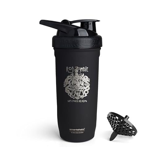 Smartshake Rockband Reforce Botella Coctelera de Proteínas de Acero Inoxidable 900 ml | 30 oz - Tapa roscada a prueba de fugas - Sin BPA, sin aislamiento - Unisex - Logotipo de R. Zombie en la botella