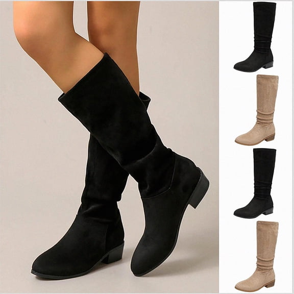 WAVSUF Women's Suede Mid Calf Boots Wide Width Soft Sole Comfort Round Toe Fall Chunky Plus Size Boots Black 6