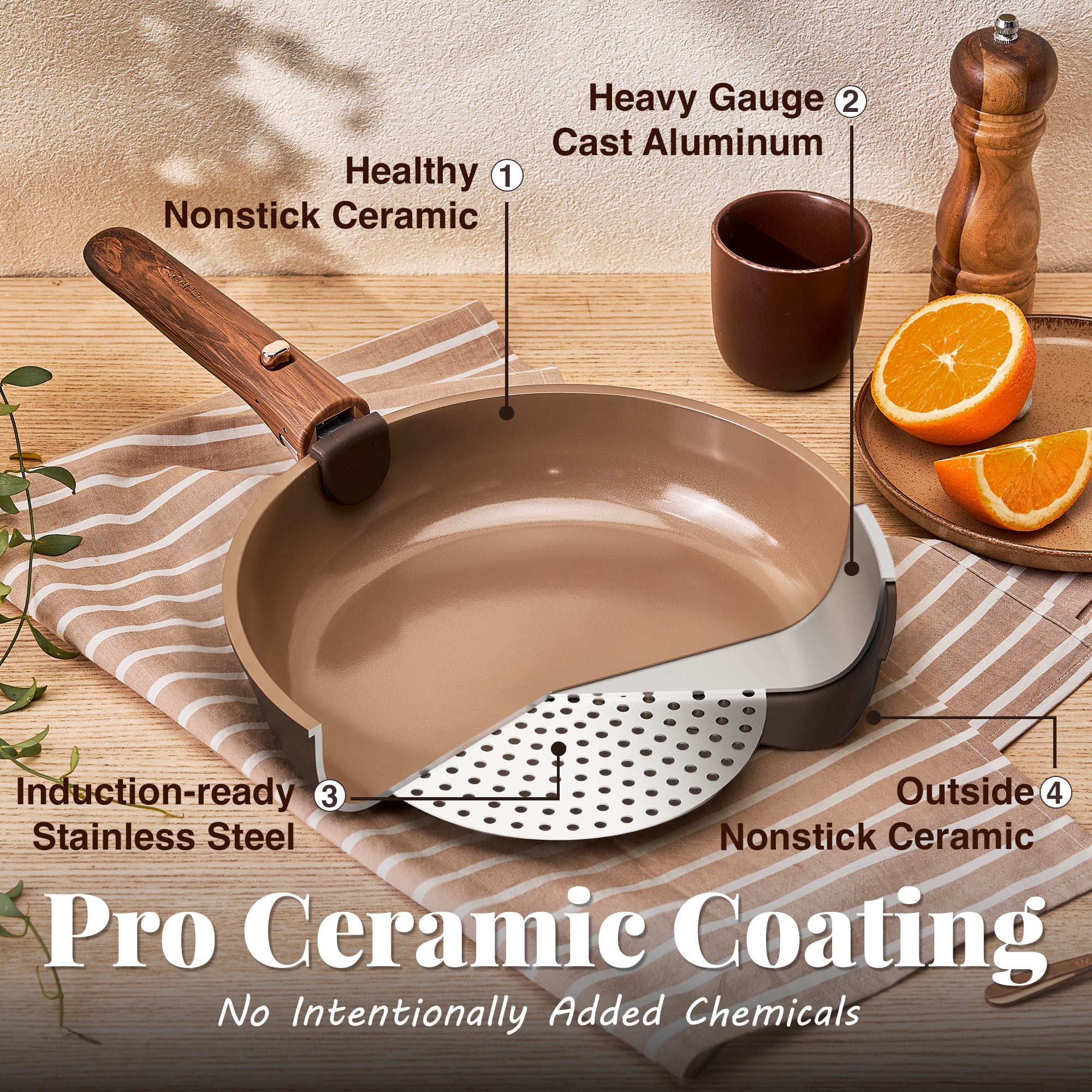 Carote 24pc Detachable Cookware Set, Chocolate, Ceramic Nonstick, Die-Cast Aluminum