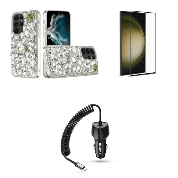 HR Diamond Bling Case for Galaxy S23 Ultra Bundle with Glass Screen Protector, 40W USB-C Car Charger (Type-C Port) - 5 Foot - Silver Swan Crown Pearl