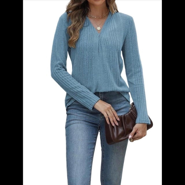 Suéter de Mujer con Cuello en V y Larga, Tops de Otoño, Ropa Informal de Moda Azul Real XL
