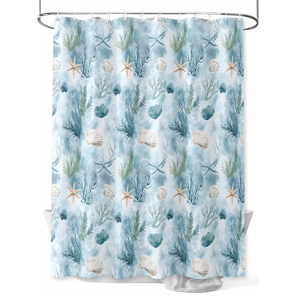 Fsddascl Summer Blue Coral Shower Curtain Set - 54" x 78" Washable Bathtub Curtain with 12 Hooks, Retro Coastal Starfish Conch Shell Waterproof Fabric Stall Shower Curtains for Bathroom/Bathtub