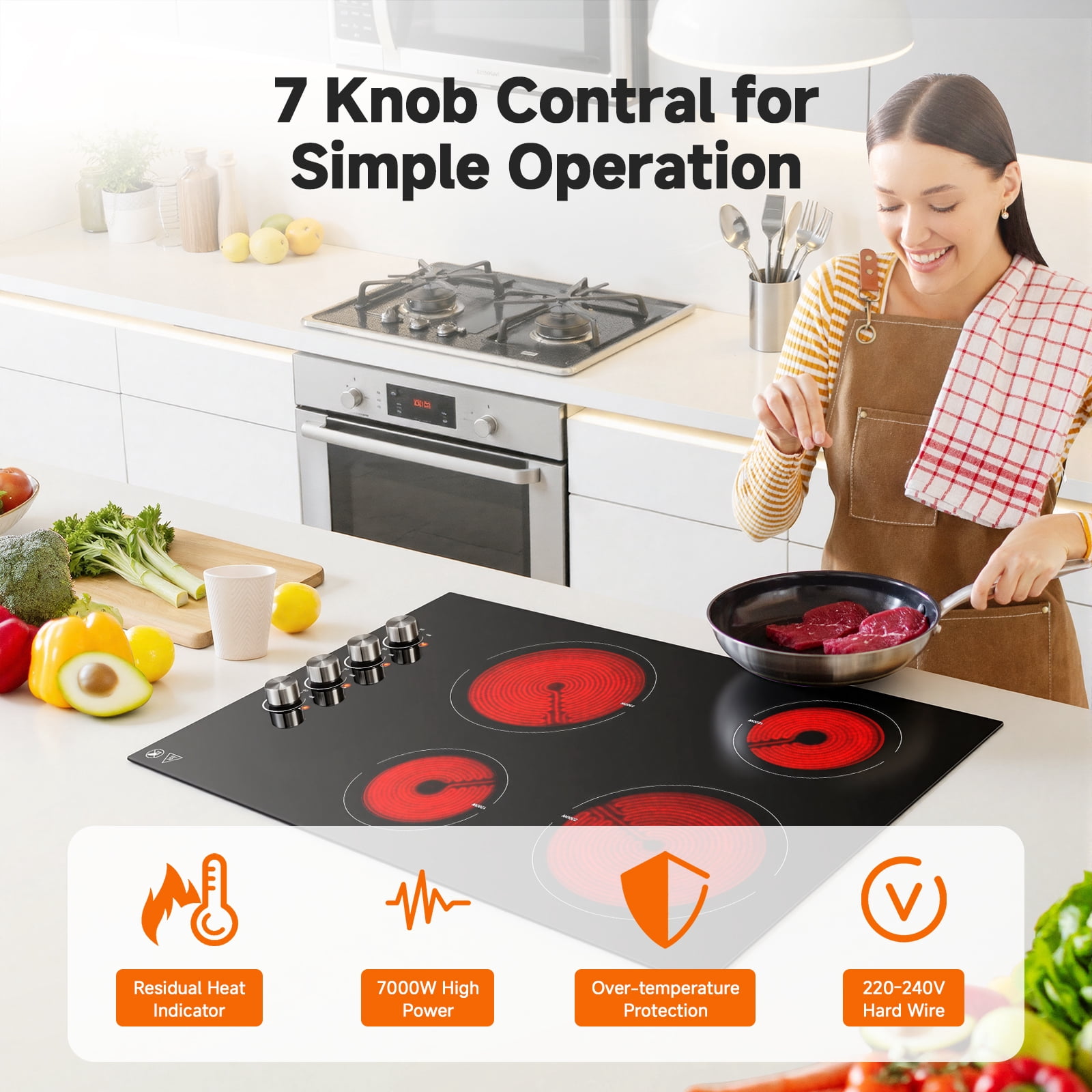 Sunmaki 30 Inch Coil Burner Electric Cooktops with 4 Burners 7000W Built-in Radiant Electric Stove Top with Knob Control, 220-240V