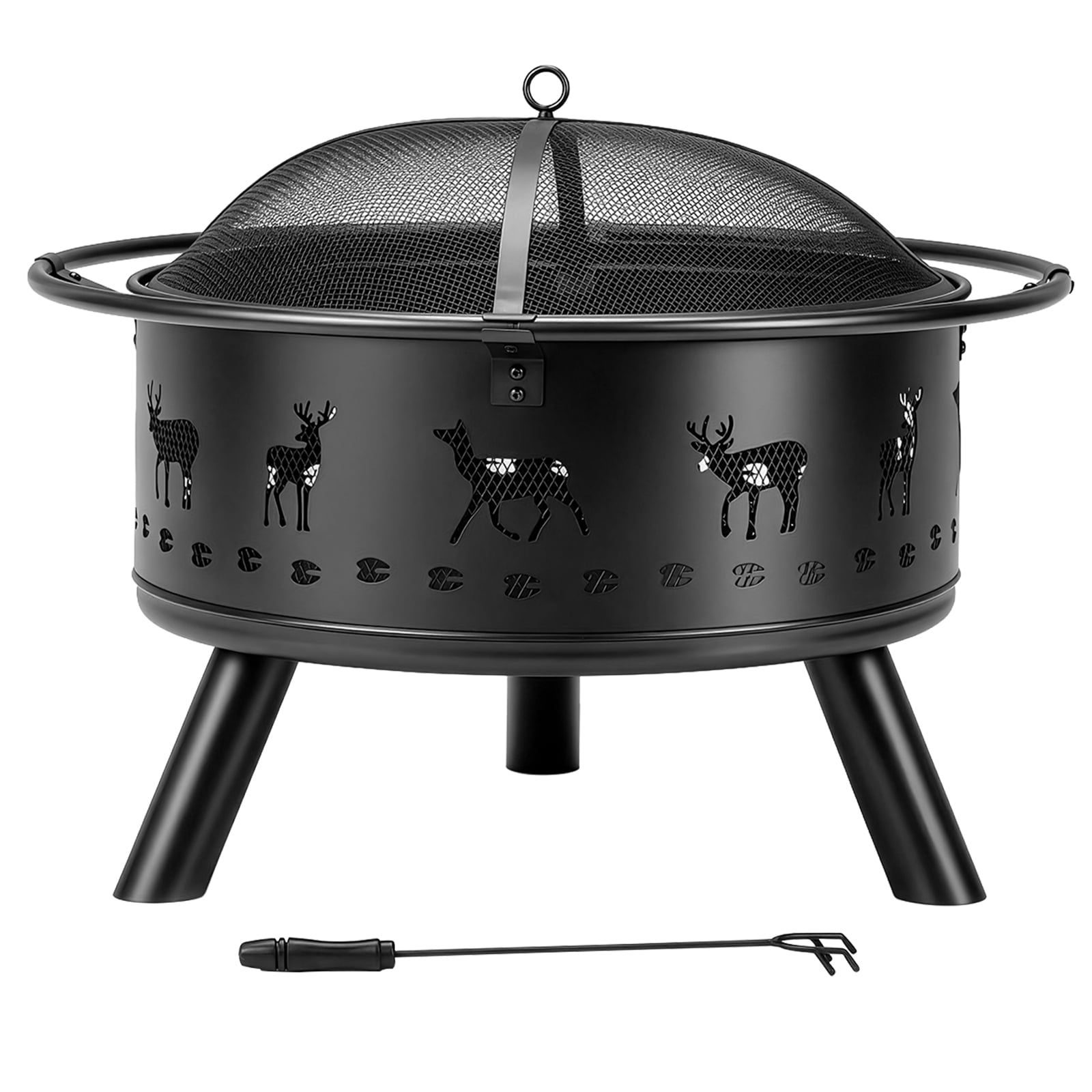 30 Inch Round Outdoor Wood Burning Fire Pit, Heavy Duty Wrought Iron Firepit with Hinged Spark Screen Lid & Lift Ring, Decorative Elk Cutout Patio Fire Pit for Backyard, Garden, Lawn and Camping