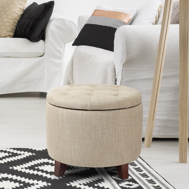 Joveco Round Ottoman Foot Rest Stool Fabric Footstool, Beige and Gray, Brown