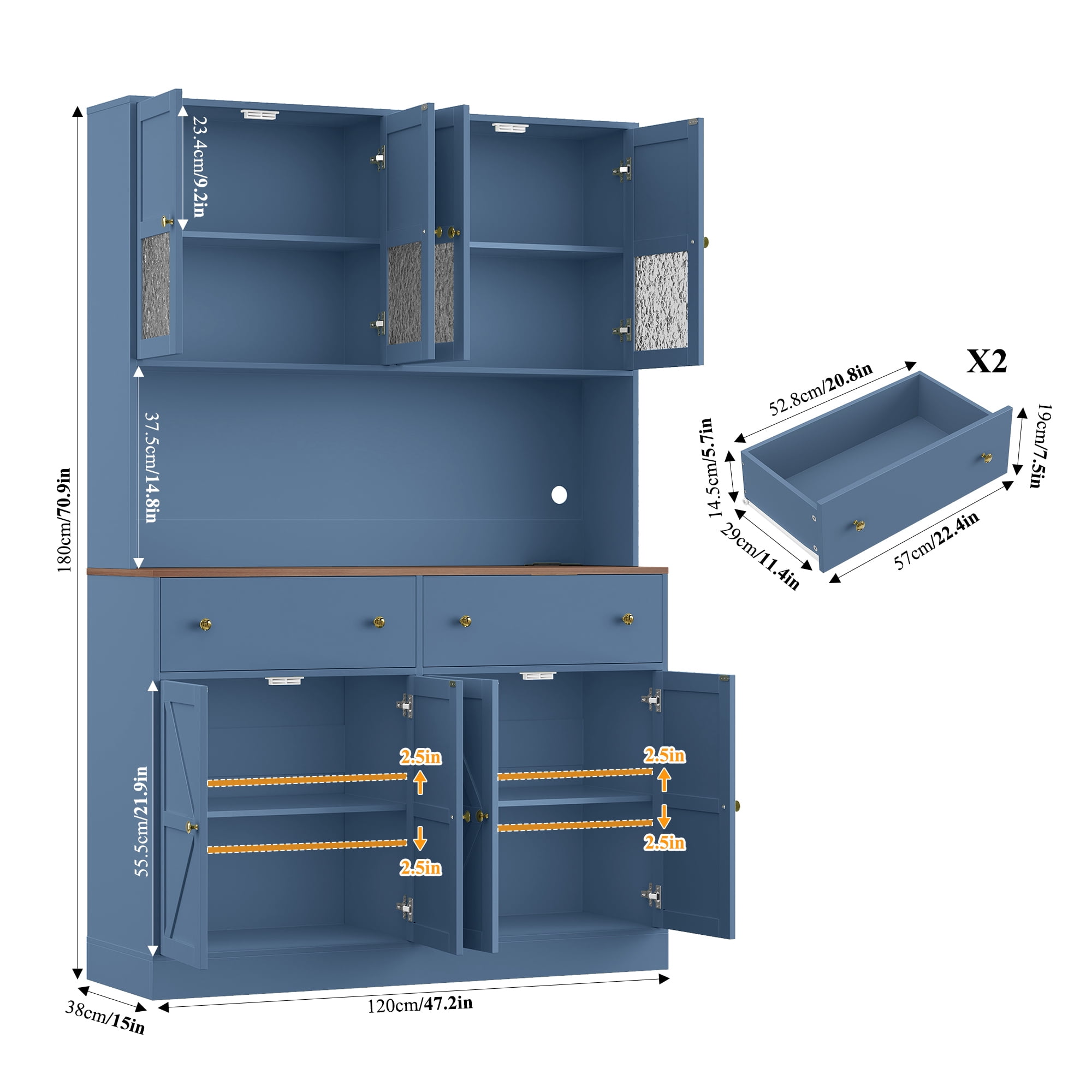 Homfa 8 Door Kitchen Pantry Cabinet with 2 Drawer, 71" LED Buffet Cabinet with & Charging Station & USB Port, Blue