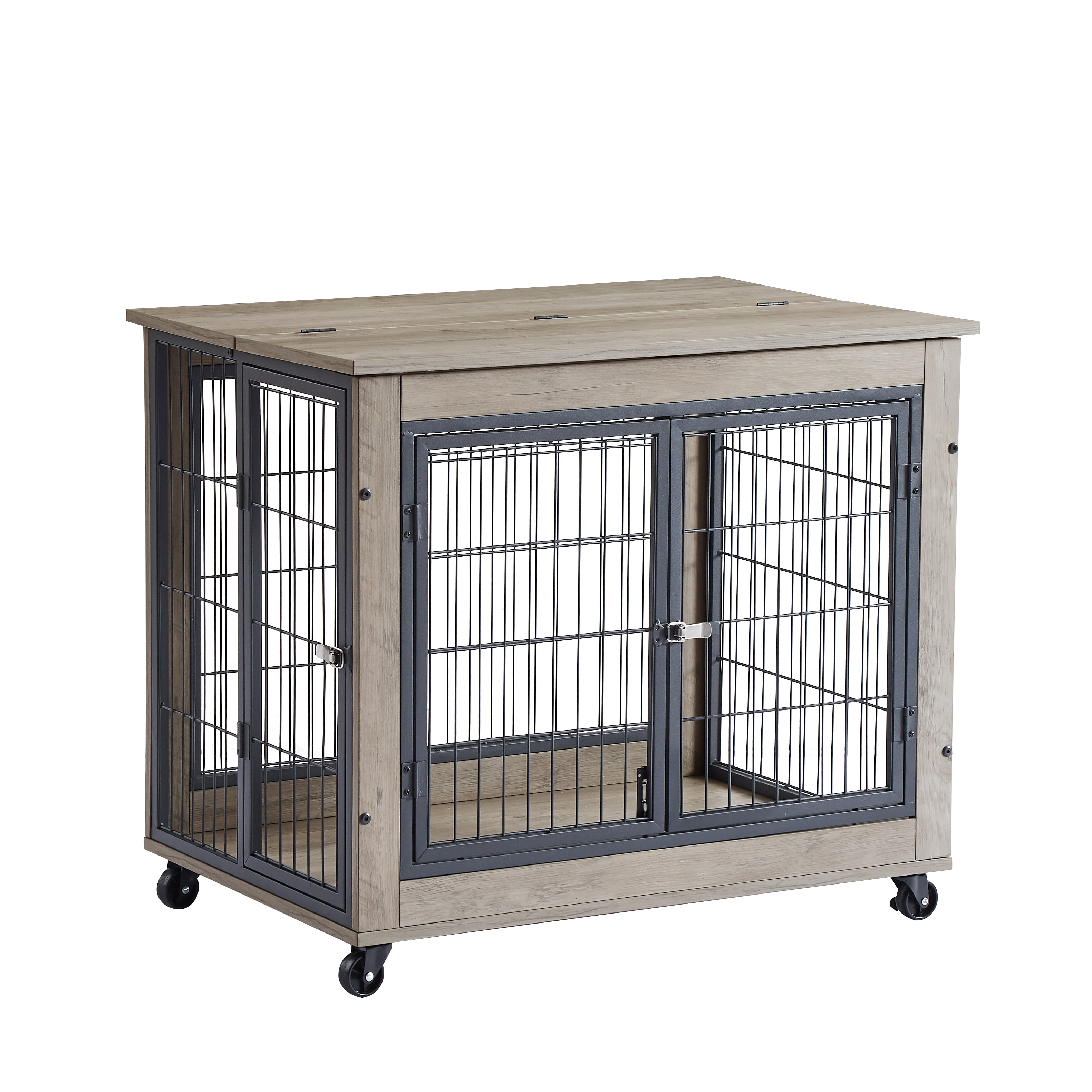 Syngar Dog Crate on Wheels, Wooden Dog Cage with Lockable Double Doors and Lift Top, Modern Home 2-in-1 Dog House End Table Furniture, Dog House for Small Sized Dogs, Gray, 31.5"L