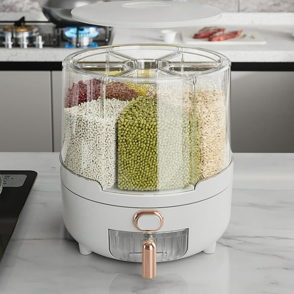 Automatic Rice Dispenser | 360° Rotatable Grain Storage Container | 6-Grid Dry Food Dispenser for Rice, Beans & Cereals | 10L Capacity White Kitchen Organizer
