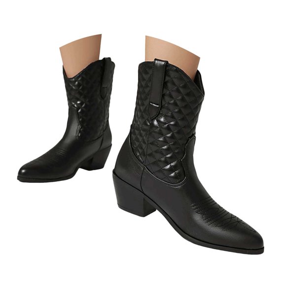 YLYL Women Cowgirl Cowboy Ankle Boots Mid Calf Pointed Toe Leather Embroidered Western Boots