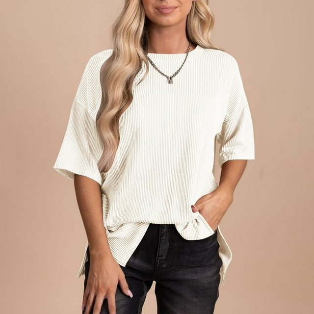 Frostluinai Oversized Tops for Women Crewneck Ribbit Knit Shirts Short Sleeve Drop Shoulder Blouses Solid Color Slit Hem Tshirts Clearance