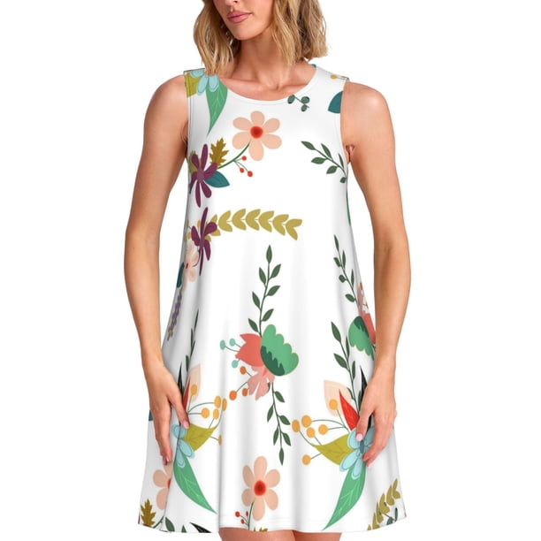 Easygdp Pretty Floral With Leaves para Vestido Transpirable de Mujer, Vestido Suelto de Manga Corta con Pliegues y Bolsillos para el Verano