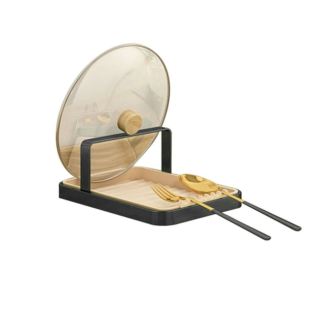 Pot Lid Holder with Water Tray Wall-mounted Punch Free Kitchen Pot Storage Rack Spatula Spoon Pan Daily Use