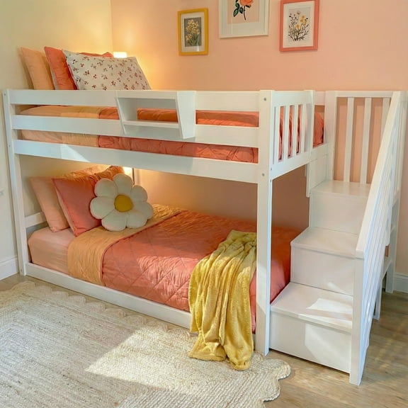 Max & Lily Solid Wood Twin over Twin Low Bunk Bed for Kids with Staircase, White