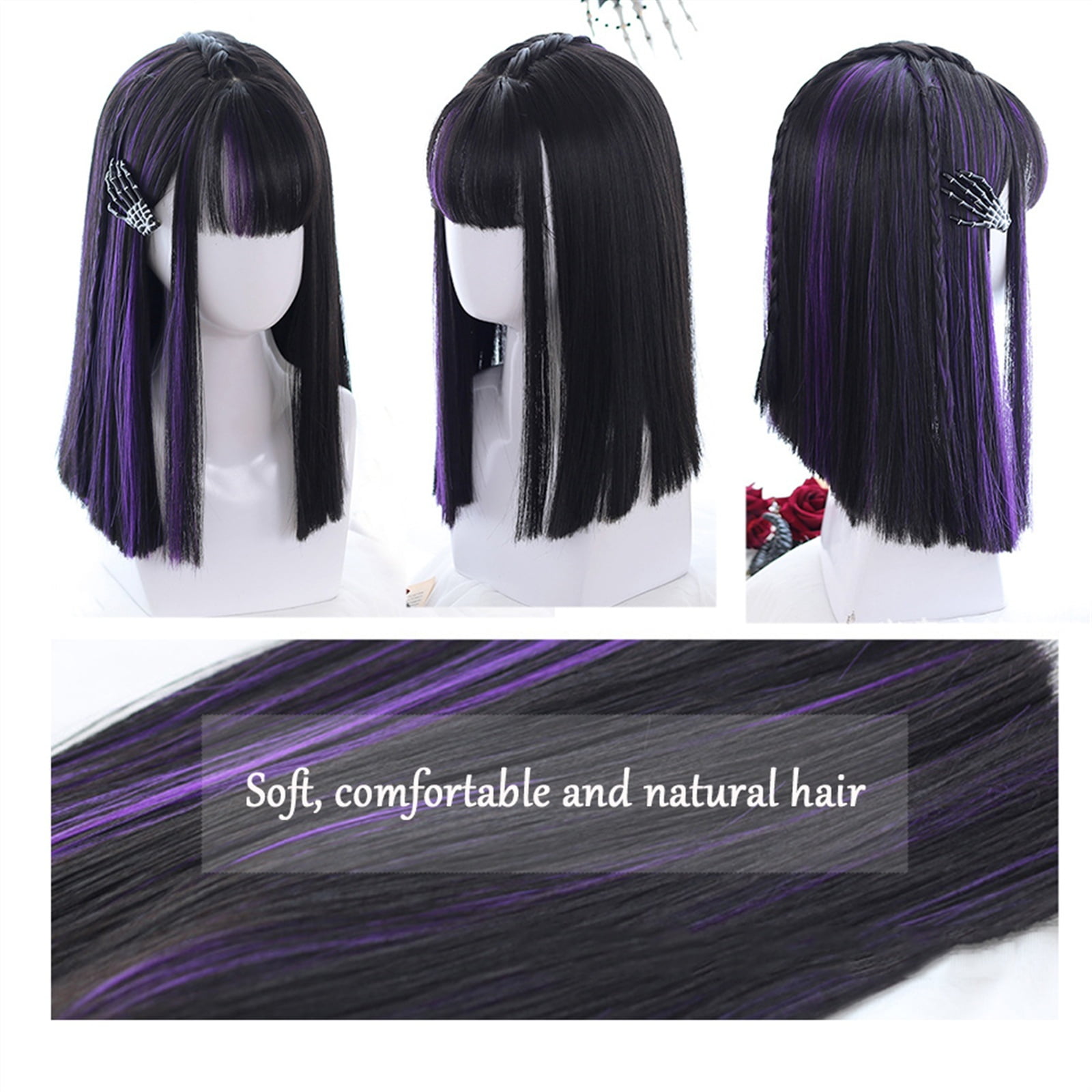 Medium Length Straight Hair Wig with Bangs, Synthetic Purple Highlights Black Bangs Wig Natural Looking Daily Cosplay Party Wig for Women Girls