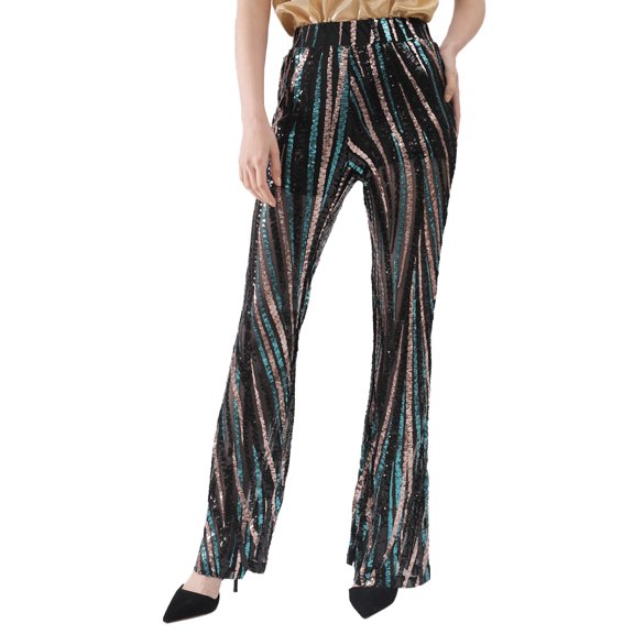 Women Sequin Pants Wide Leg High Waist Colorful Disco Party Trousers, Black, X-Large