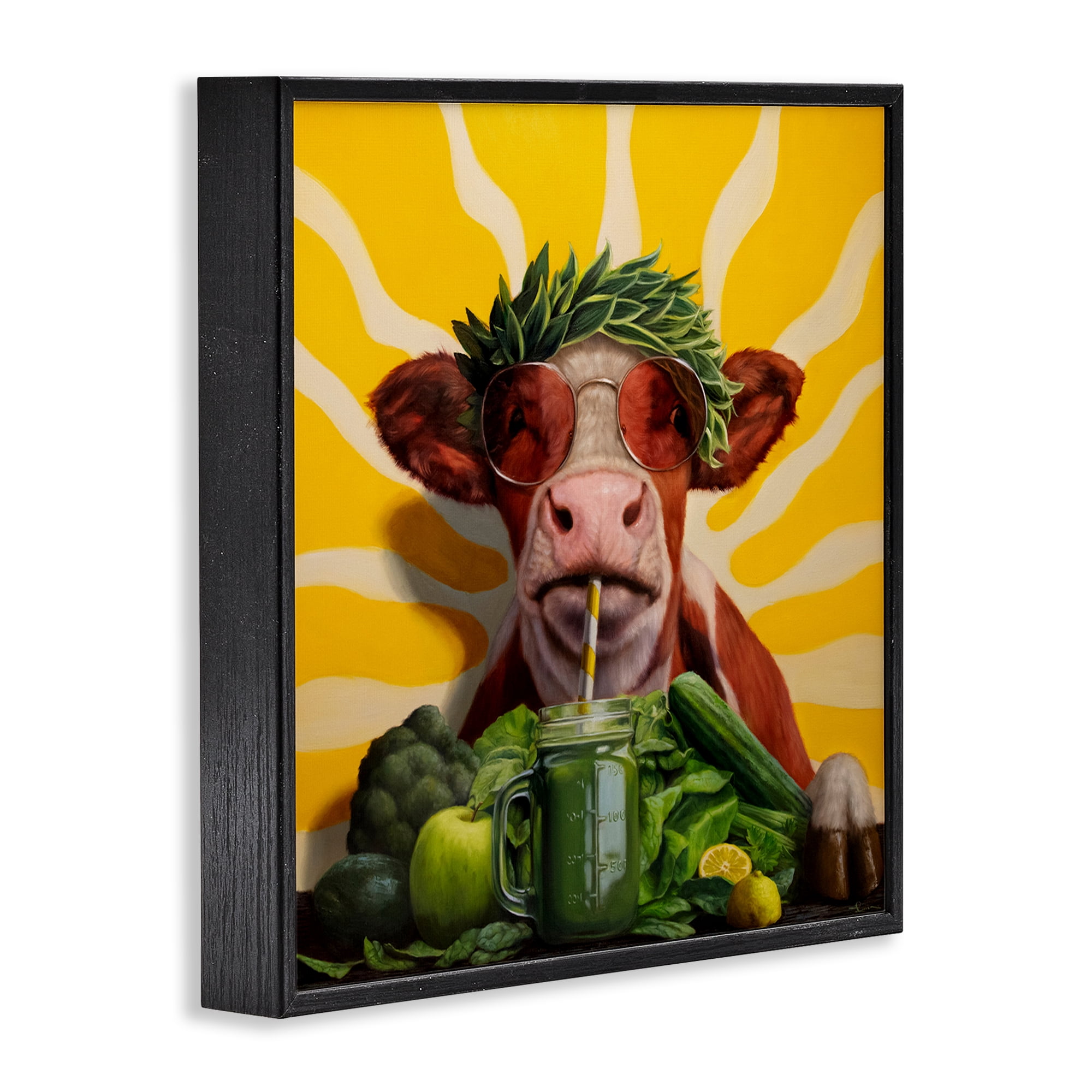 Stupell Industries Cow with Healthy Smoothie Food & Beverage Painting Black Framed Art Print Wall Art, 24 x 24