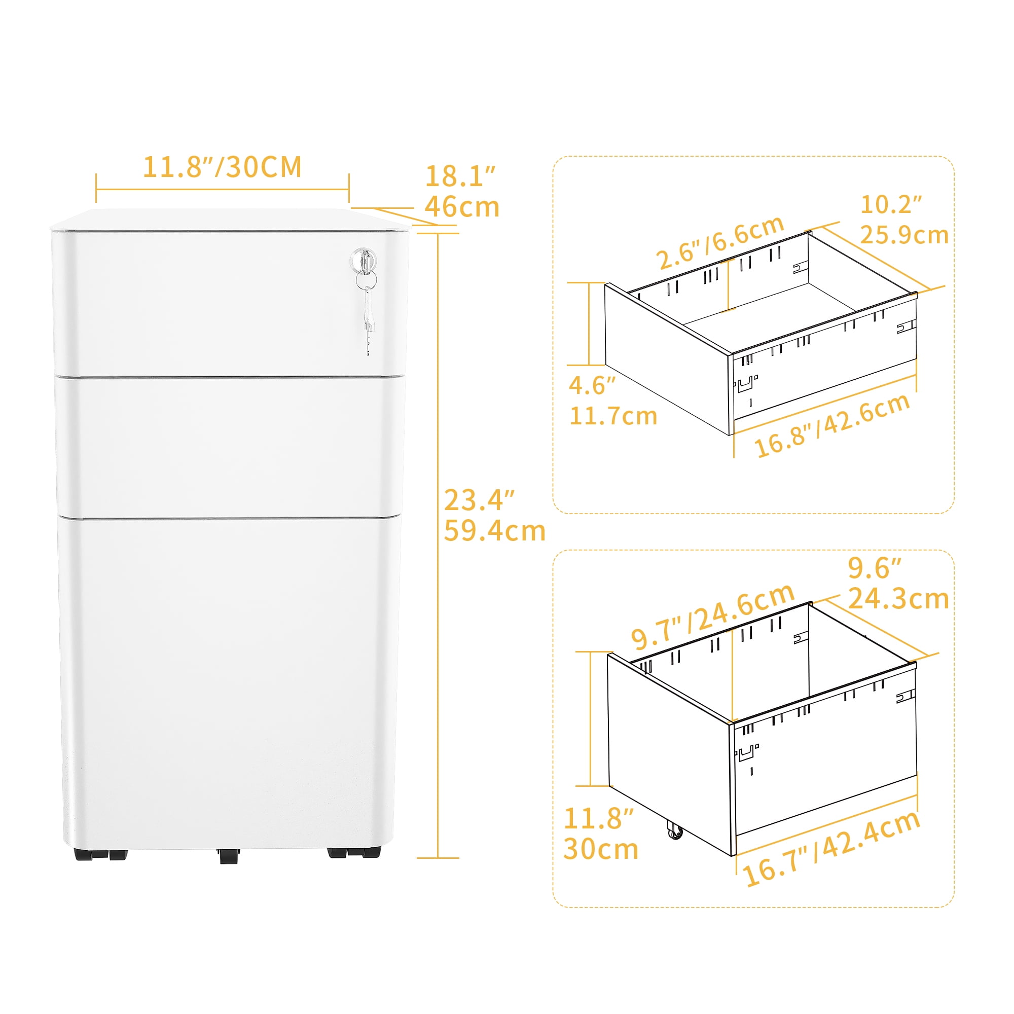 Uforic Mobile Slim File Cabinet with Lock, 3 Drawers, Portable Metal Office Storage Filing Cabinet, Accommodates Lega Size, Pre-Assembled Cabinet Excluding Casters, Designed to Fit Under Desk, White