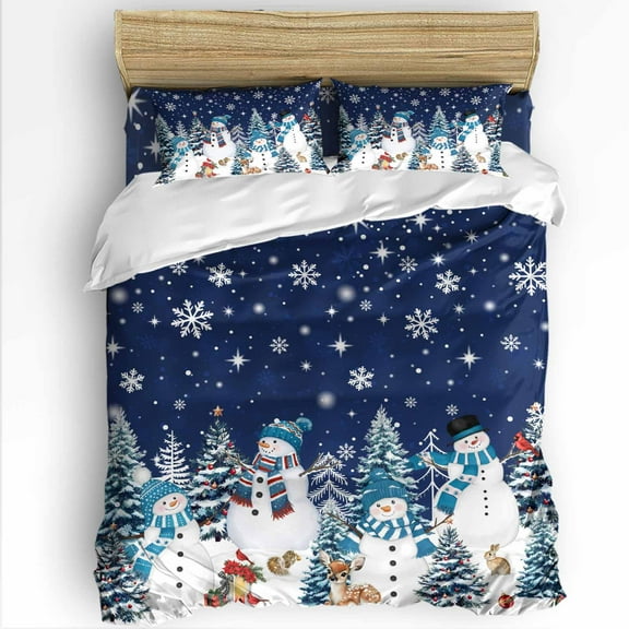Christmas Snowman Queen Size Comforter Set, Cute Snowman Xmas Trees Snowflakes Navy Blue Bedding for All Seasons, 4 Pcs Bed Set with 1Comforter (90"x92") ,1 Sheet(94"x116"), 2 Pillowcases (19"x29")
