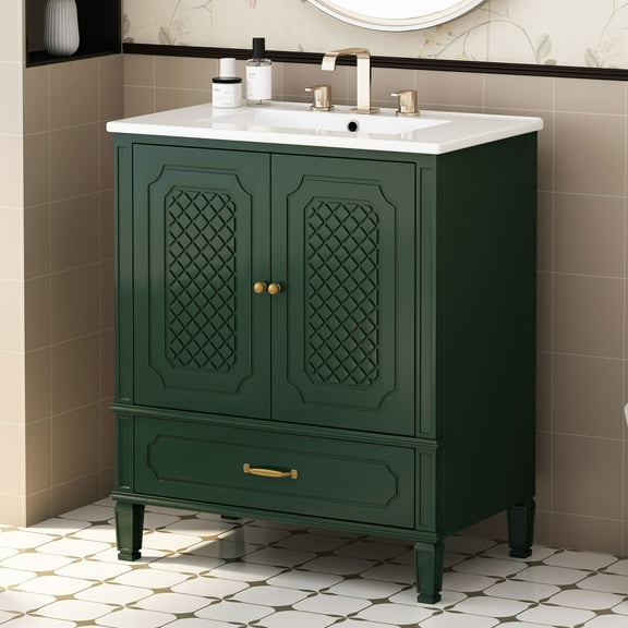 Christopher Knight Home Retro 30" Bathroom Vanity with Ceramic Sinks, Soft-Close Doors, Dark Green