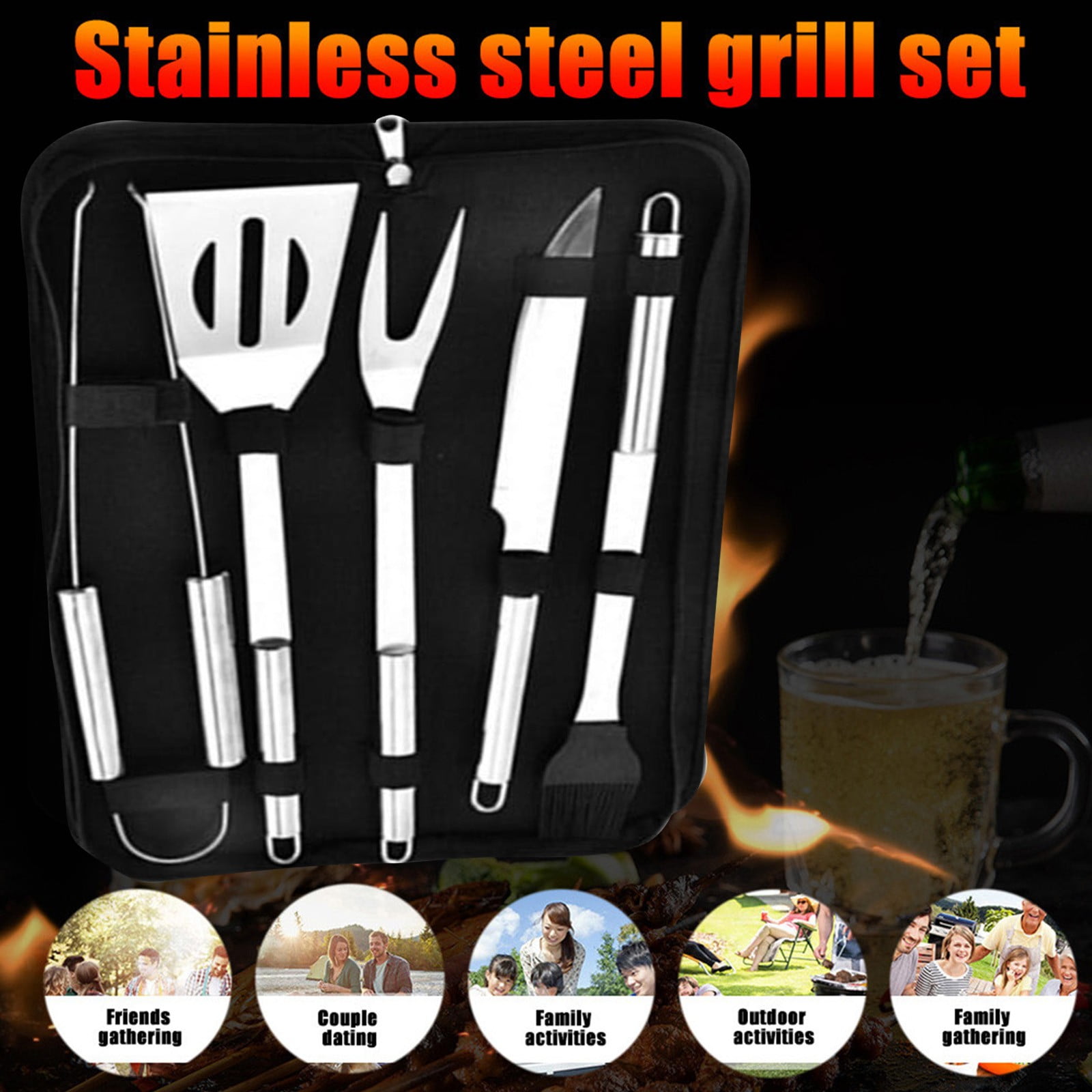 THHEIC 5-Piece Stainless Steel Grill Tools Set with Carry Bag, Includes Fork, Tongs, Brush, and Spatula for BBQ, Grilling, and Outdoor Cooking Activities