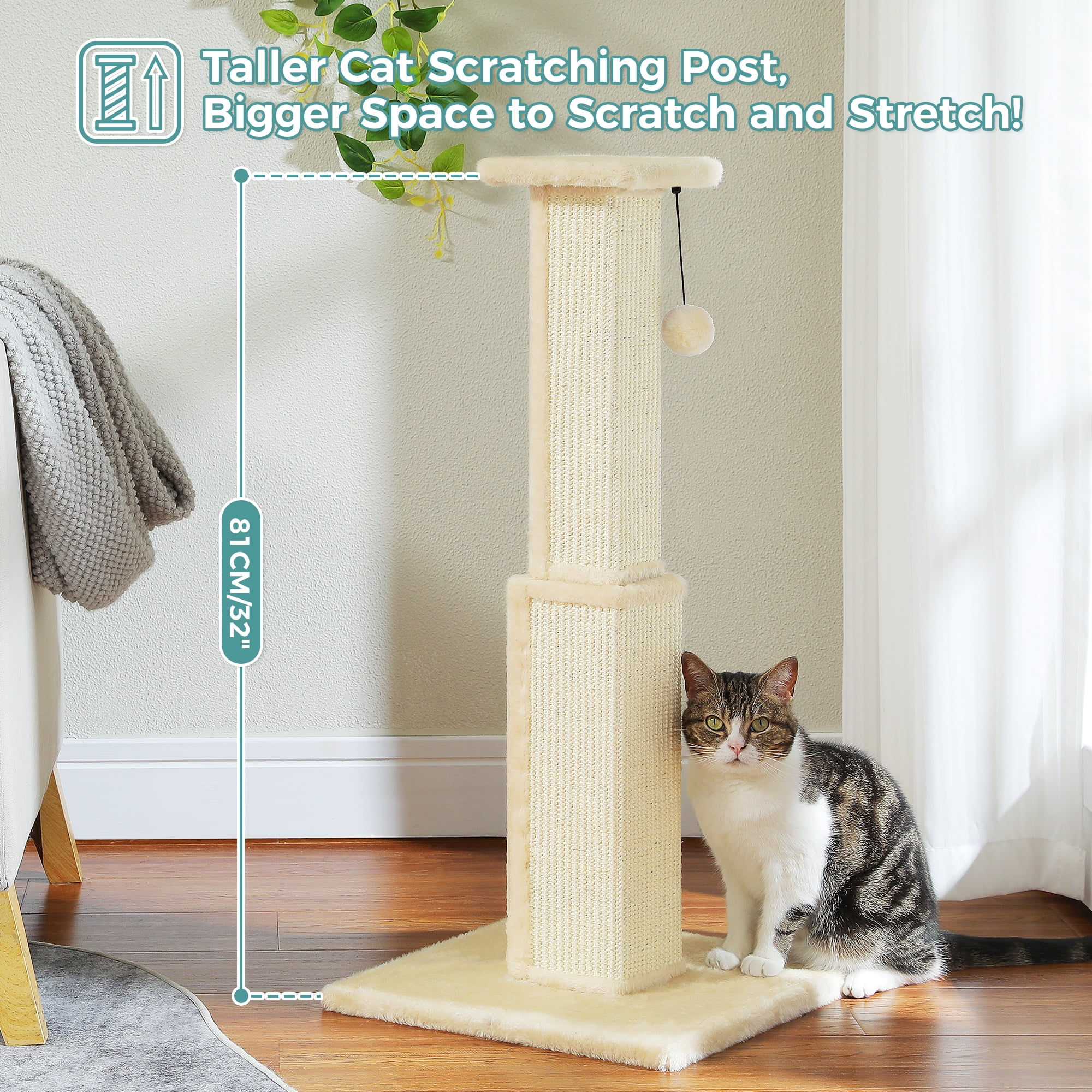 PAWZ Road 31" Natural Sisal Cat Scratching Post Indoor Cat Scratcher with Plush Large Base, Beige