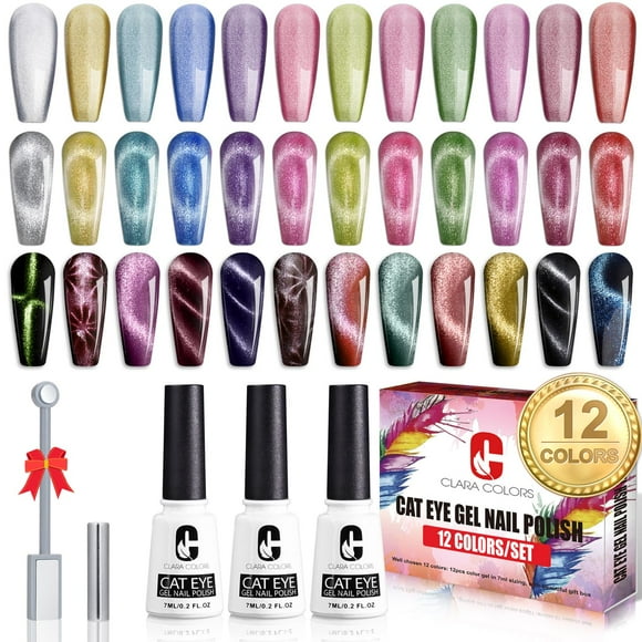 Clara Colors Cat Eye Gel Nail Polish Set of 12 Colors Magnetic Nail Polish Set Holographic Glitter 9D Galaxy Series Cat Eye Gel Polish Set